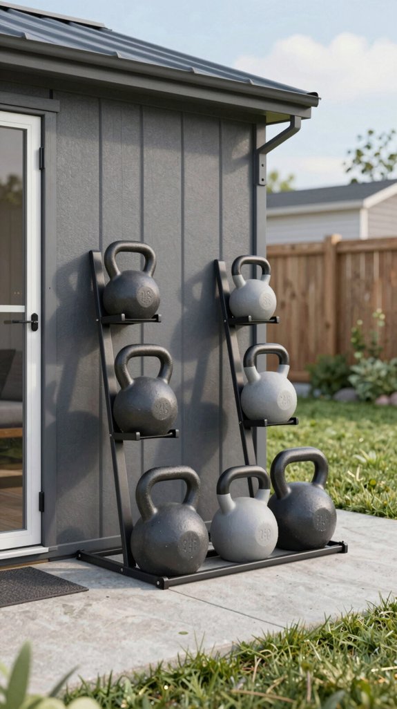 17 Backyard Gym Shed Ideas for Outdoor Fitness Spaces 4 weather resistant portable kettlebell corner